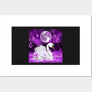 Swan in the rain, beautiful swan with raindrops falling into Water Posters and Art